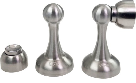 Drie zilverkleurige deurhouders: twee staand met ronde magneet en een losse ronde magneet.