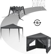 B.O.S. Waterdichte Partytent 3x3 meter opvouwbaar - Paviljoen met zijpanelen - Easy up - Grijs - Pop-up Tent met haringen - touw en anti slip poten