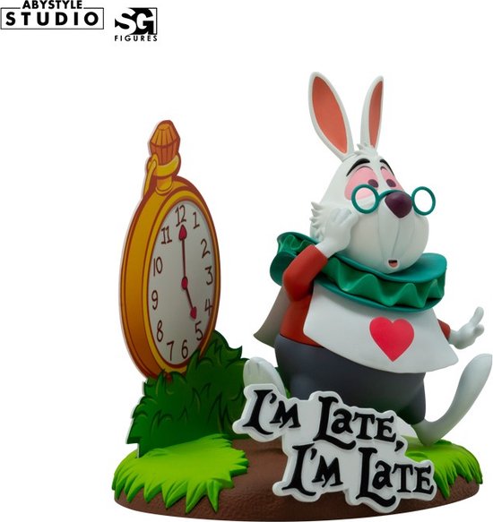 Witte konijn met bril en klok, met de tekst 'I'm Late, I'm Late'.