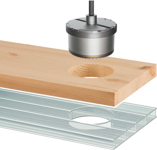 Wolfcraft gatenzaag boort een gat in houten plank en door acryl.