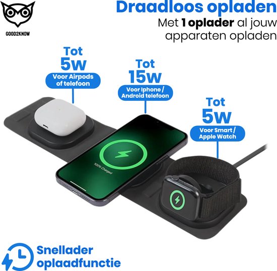 Good2know Chargeur sans fil pro 3 en 1 - Magnétique et pliable - Chargeur rapide 15 W iPhone et Samsung - Chargeur de voyage ultime - Station de charge Apple - Chargeur Magsafe