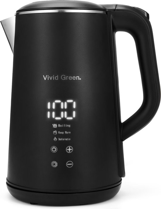 Vivid Green Luxe waterkoker met temperatuurregeling - Warmhoudfunctie - 20°C tot 100°C - 1,6 L - Zwart