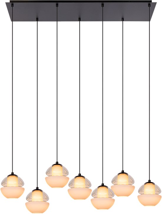 Atmooz - Reese 7 - Hanglamp - Rechthoekig - Zwart - Cognac en Opaalglas - 95 x 32 x 115 cm - Geïntegreerde LED - Dimbaar