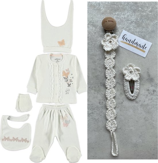Vlinder 5-delige baby newborn kleding set meisjes - Fopspeenkoord en haarclip cadeau - Newborn set - Babykleding - Babyshower cadeau - Kraamcadeau