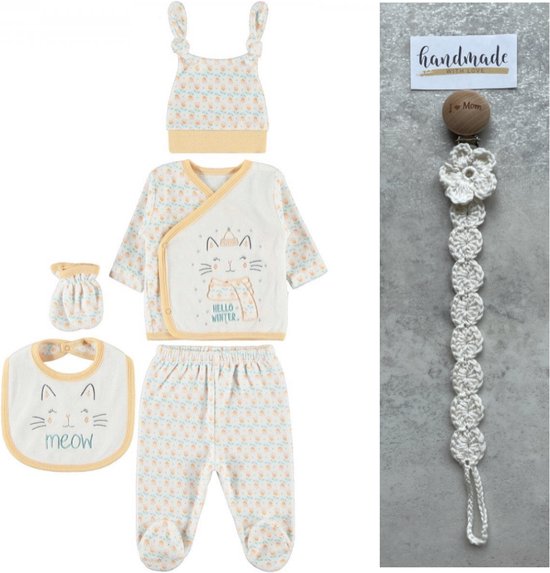Baby 5-delige newborn kledingset meisjes - Fopspeenkoord cadeau - Newborn set - Babykleding - Hello winter - Babyshower cadeau - Kraamcadeau