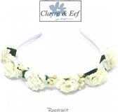 Clayre & Eef - Rozen bloem corsage op haarband / diadeem - Crème (Wit) met groen - volwassenen jeugd - vrouwen meisjes - casual feest bruiloft