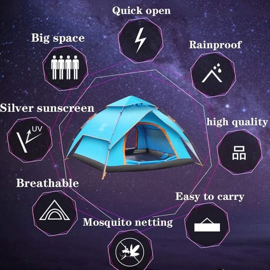 Automatische Pop-up Campingtent voor 3-4 Personen - Waterdicht en Winddicht - Inclusief Grote Draagtas - Ideaal voor Gezinscamping en Buitenactiviteiten - Blauw van Merkloos — afbeelding 4