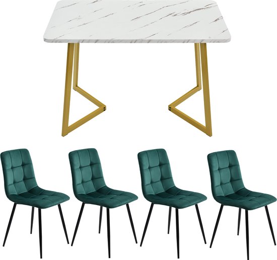 Merax 117cm Esstisch mit 4 Stühlen Set, Rechteckiger Esstisch Moderner Küchentisch Set ,Esszimmerstuhl Dunkelgrün Samt Küchenstuhl,Golden Tischbeine