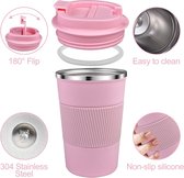 Koffiemok, roze, 380 ml, thermobeker, koffie, lekvrij, van 304 roestvrij staal, dubbelwandig geïsoleerd, autobeker, herbruikbare koffiethermobeker voor koffie, water en thee