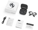 Écouteurs Shokz Openfit Air noirs, étui de chargement, câble de chargement, manuel et carte de garantie.