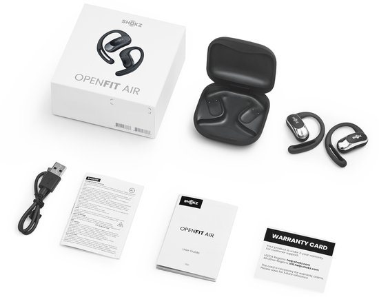 Écouteurs Shokz Openfit Air noirs, étui de chargement, câble de chargement, manuel et carte de garantie.