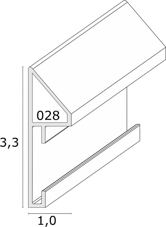 Profielschets van een zwart frame met afmetingen 3,3 en 1,0