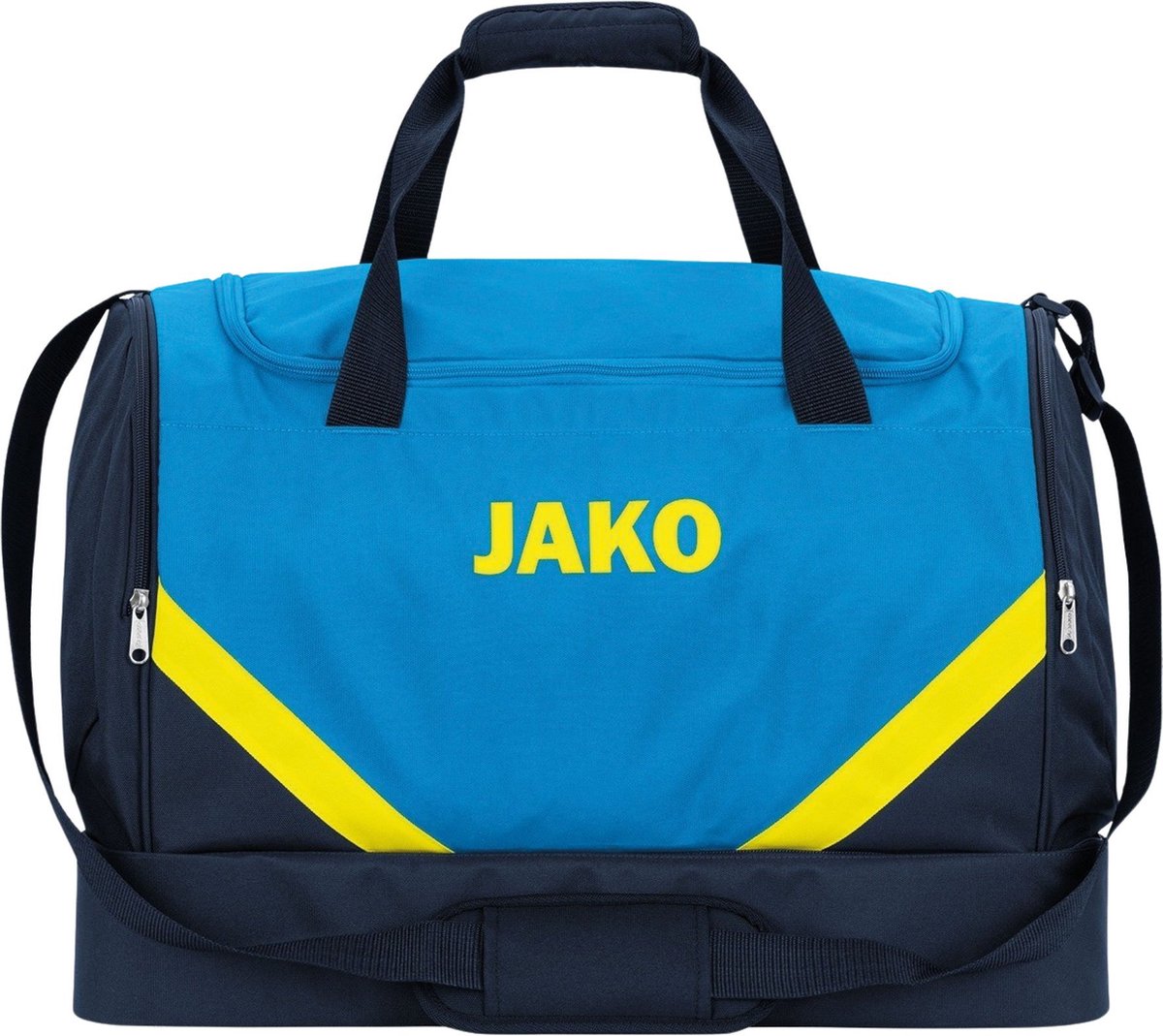 Sporttas JAKO Iconic in fluogeel, marine en blauw, met handvatten en ritsvakken, gemaakt van duurzaam polyester.