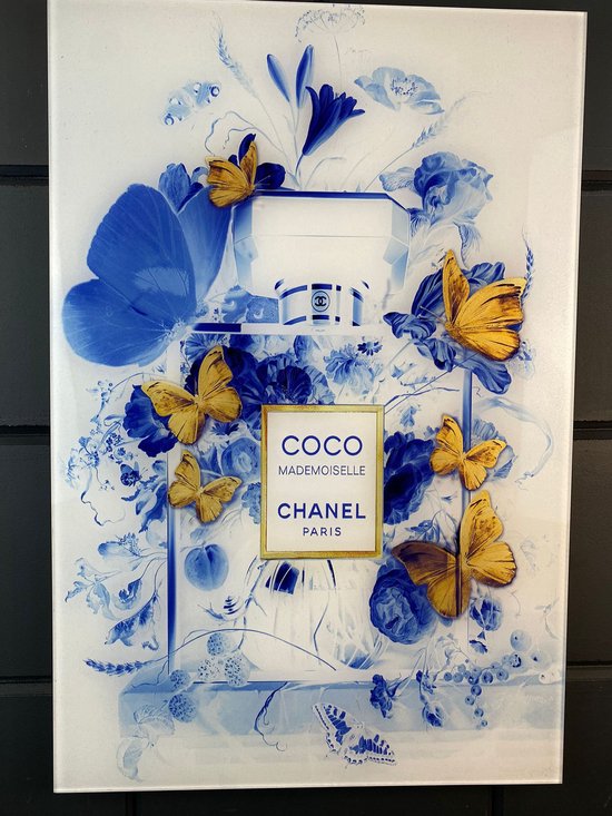blue butterfly Coco Chanel schilderij op plexiglas 60x90cm