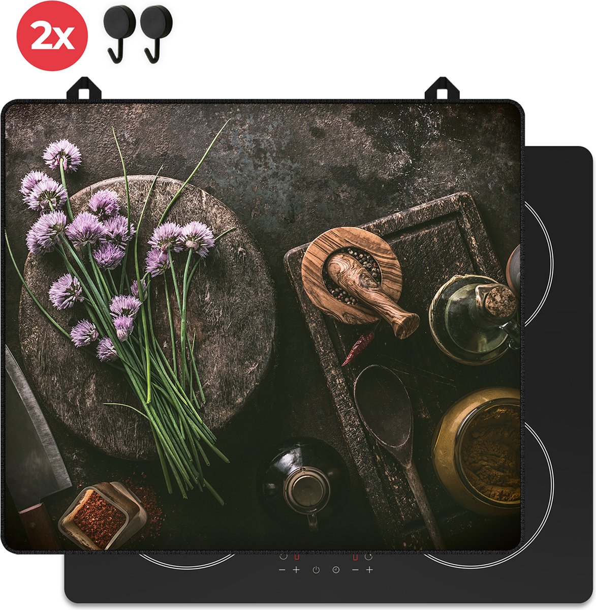 KitchyMist Inductie Beschermer 60x52 cm - Stilleven met Kruiden en Specerijen - Kookplaat Beschermer - Afdekplaat voor Kookplaat - Inductie Mat - Spatscherm Achterwand Keuken