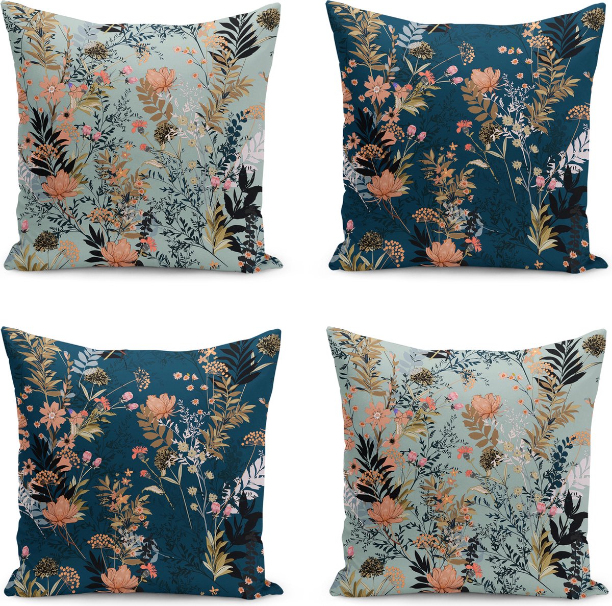 De Groen Home Kussensloop - kussenhoes - Sierkussenhoes - hoes voor sierkussens - Velvet set van 4 - 45x45 - Bloemen op donkerblauw & lichtblauw - Fluweelzachte