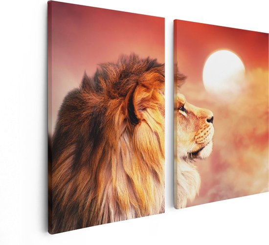 Artaza Canvas Schilderij Tweeluik Leeuw - Leeuwenkop - Tijdens Zonsopkomst - 80x60 - Foto Op Canvas - Canvas Print