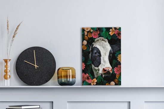 Toile Peinture Vache - Fleurs - Feuilles - Animaux - 20x30 cm - Décoration murale