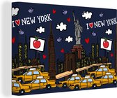Canvas Schilderij New York - Taxi - Vrijheidsbeeld - 120x80 cm - Wanddecoratie