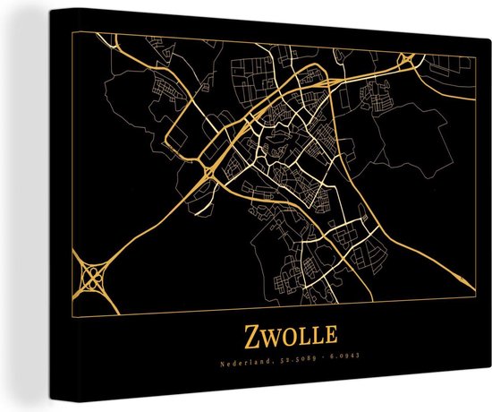 Canvas Schilderij Stadskaart - Zwolle - Goud - Zwart - 120x80 cm - Wanddecoratie