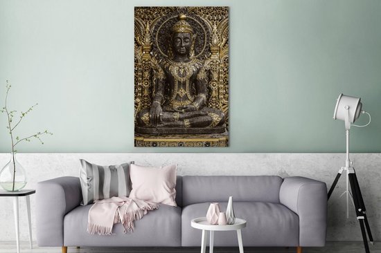 Canvas schilderij 90x140 cm - Wanddecoratie Boeddha - Beeld - Goud - Muurdecoratie woonkamer - Slaapkamer decoratie - Kamer accessoires - Schilderijen