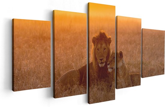 Artaza Canvas Schilderij Vijfluik Leeuw En Leeuwin Tijdens Zonsondergang - 100x50 - Foto Op Canvas - Canvas Print