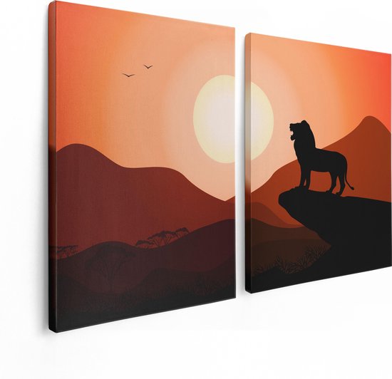 Artaza Canvas Schilderij Tweeluik Lion King - Silhouet Van Een Leeuw - 120x80 - Foto Op Canvas - Canvas Print
