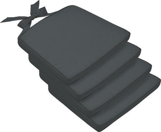 Beautissu Set van 4 Stoelkussens 40x40 met Linten Lea - Zitkussens met 5 cm Dikke Vulling - Kussens voor Stoelen & Tuinmeubelen Indoor & Outdoor - 4-delig Stoelkussen Set Antraciet