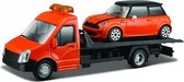 Mini Cooper S met Flatbed transporter 1:43 oranje