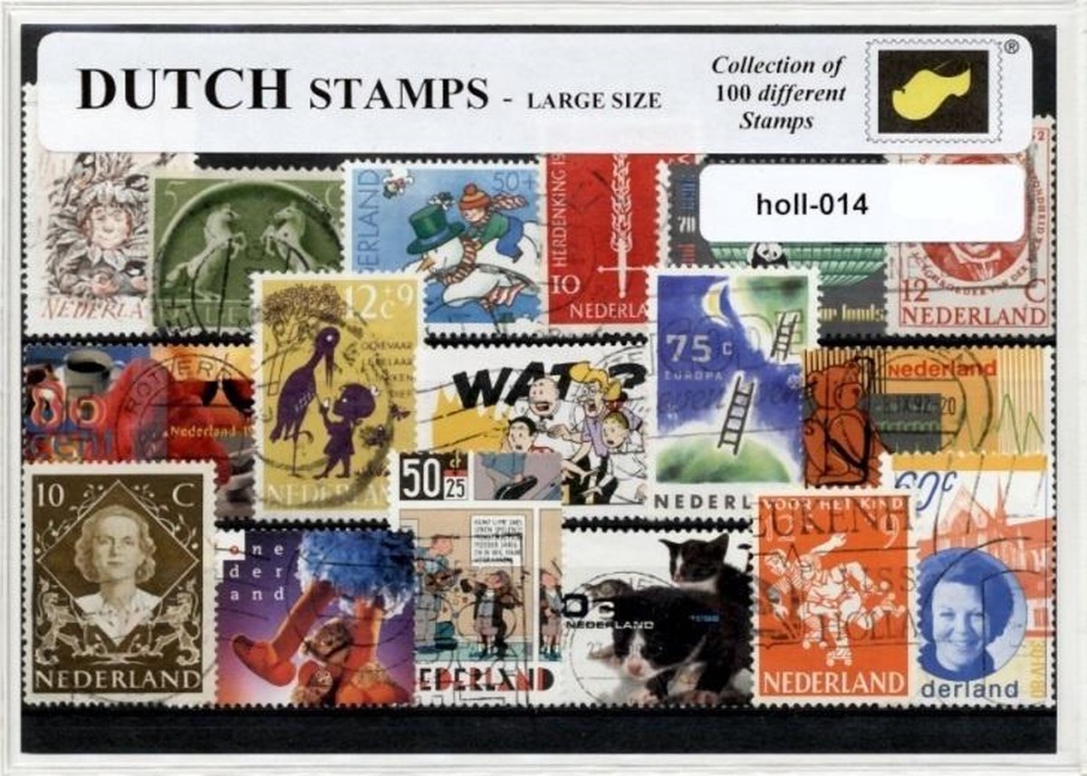Afbeelding van product KLOMP G.T.P.  Dutch stamps- large size - Typisch Nederlands postzegel pakket & souvenir. Collectie van 100 verschillende postzegels met Nederland als thema – kan als ansichtkaart in een A6 envelop - a