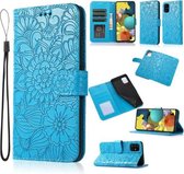Voor Samsung Galaxy A51 Huid Voelen Reliëf Zonnebloem Horizontale Flip Lederen Case met Houder & Kaartsleuven & Portemonnee & Lanyard (Blauw)