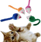 Mini Muisjes - Set van 4 Stuks - Katten Speelgoed - Nep Ratten - Pluizig - Blauw/Roze/Groen/Oranje - Kitten Speeltje - Speelgoed voor Huisdieren - Kattenspeeltje - Speeltjes - Spee
