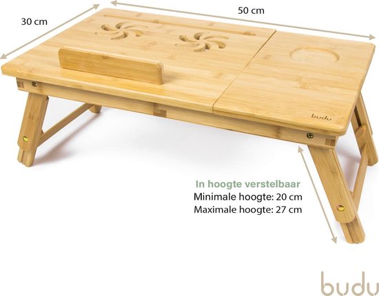 Bamboe laptoptafel met afmetingen 50 cm bij 30 cm. De tafel is in hoogte verstelbaar van 20 cm tot 27 cm.