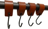 Brute Strength - Leren S-haak hangers - Cognac - 4 stuks - 12,5 x 2,5 cm – Zwart zilver – Leer - handdoekhaakjes - Ophanghaken – kapstokhaak