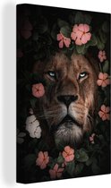 Canvas Schilderij Jungle - Leeuw - Bloemen - Roze - 80x120 cm - Wanddecoratie