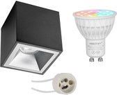 Mi-Light MiBoxer - Opbouwspot Set GU10 - Smart LED - Wifi LED - Slimme LED - 4W - RGB+CCT - Aanpasbare Kleur - Dimbaar - Pragmi Cliron Pro - Opbouw Vierkant - Mat Zwart/Zilver - Verdiept - 90