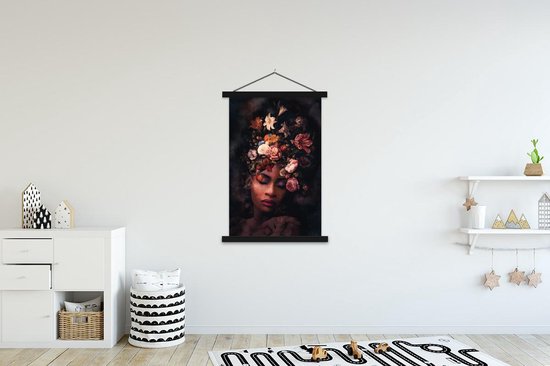 Posterhanger incl. Poster 120x180 cm - Schoolplaat - Flora - Vrouwen - Kleuren - Textielposter - Zwarte latten