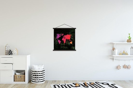 Affiche scolaire - Wereldkaart - Couleurs - Feuilles - 40x40 cm - Lattes noires