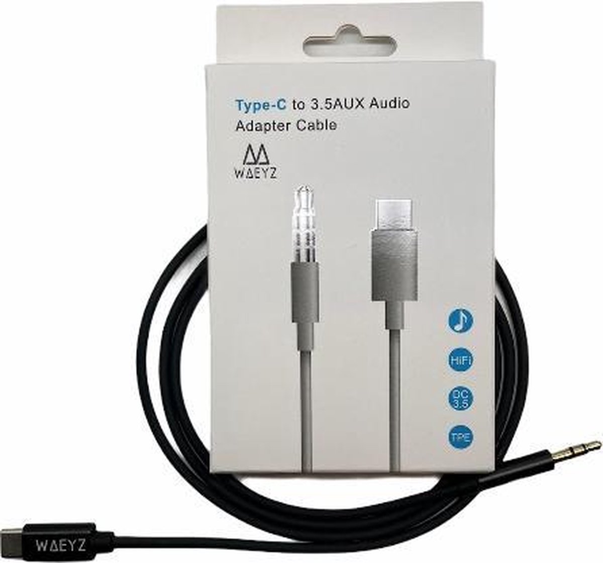 Waeyz - USB-C naar Jack Aux kabel - USB-C naar audio jack kabel 3.5mm - 1 Meter - Zwart