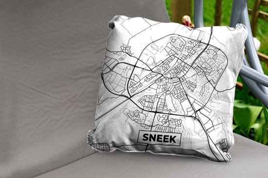 Sierkussen Extérieur - Carte - Sneek - Zwart - Wit - 60x60 cm - Résistant aux intempéries