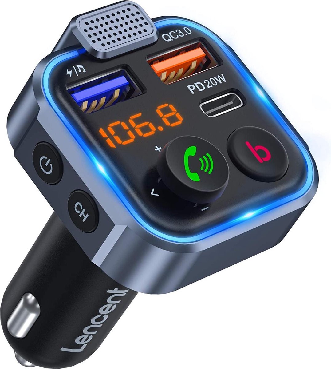 Transmetteur FM Bluetooth pour voiture, kit adaptateur récepteur radio sans  fil pour lumière ambiante bleue avec appels mains libres, double chargeur