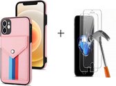 GSMNed – Leren telefoonhoes Roze – Luxe iPhone 12/12 Pro hoesje – magneetsluiting – pasjeshouder – Portemonnee – Roze – met screenprotector