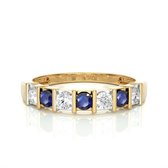 Gouden ring dames, 14 karaat geelgoud – blauwe saffier edelstenen en diamanten