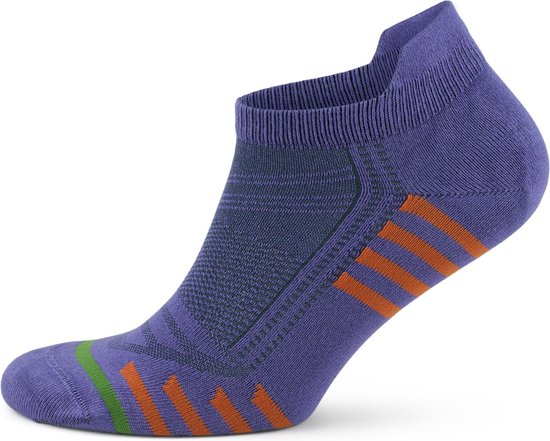Paarse GoWith enkelsok met oranje en groene strepen op de zijkant en bij de tenen.