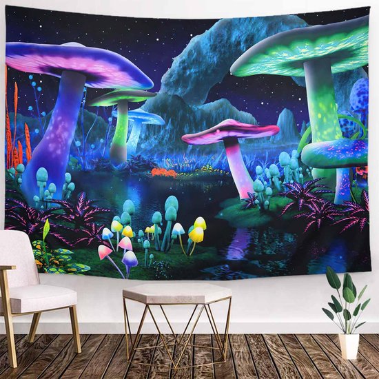 Ulticool - Psychedelische Paddenstoel Hemel - Tapestry Mushroom Bos Figuren Decoratie Paddo's - Magic Mushroom Glow in the Dark - Fluor Neon Paddestoel - Wandkleed - 200x150 cm - Groot wandtapijt - Poster