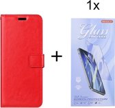 Bookcase Geschikt voor: Samsung Galaxy A21s - Rood - portemonnee hoesje met 1 stuk Glas Screen protector