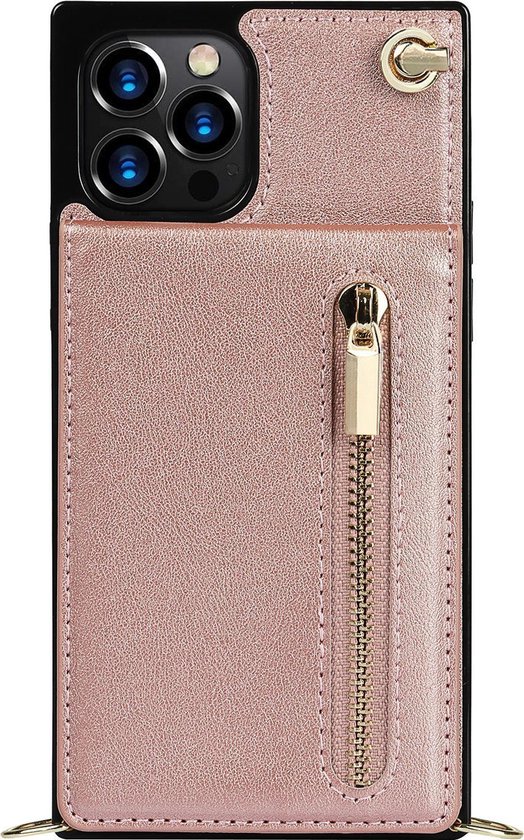 Roze telefoonhoesje met pasjeshouder en gouden ritssluiting voor iPhone.