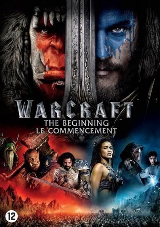 Warcraft: The Beginning DVD-hoes met een ork en een mens tegenover elkaar, met de titel in het midden en kleinere personages onderaan.