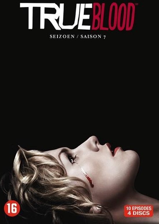 Close-up van een vrouwengezicht met blonde krullen, die naar de hemel kijkt. Rode lippen en een bloedende traan onder het oog. "TRUE BLOOD SEIZOEN / SAISON 7" logo boven.
