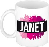 Janet  naam cadeau mok / beker met roze verfstrepen - Cadeau collega/ moederdag/ verjaardag of als persoonlijke mok werknemers